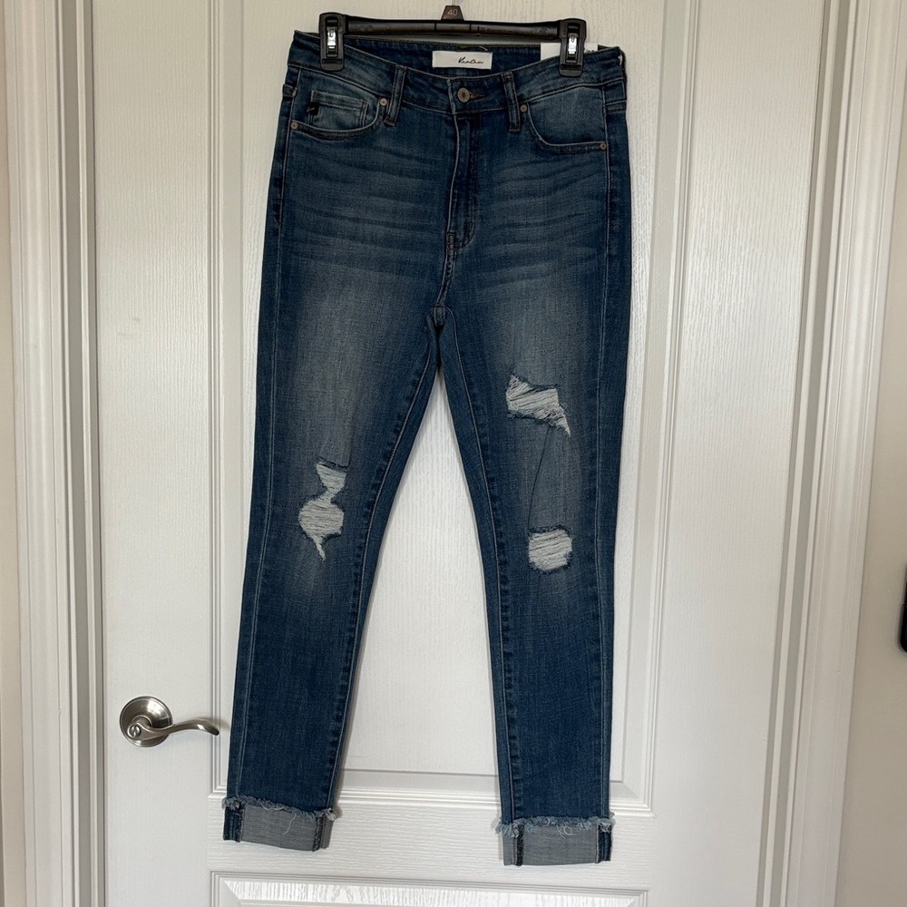 KanCan Dark Blue Cropped Distressed Skinny Jeans